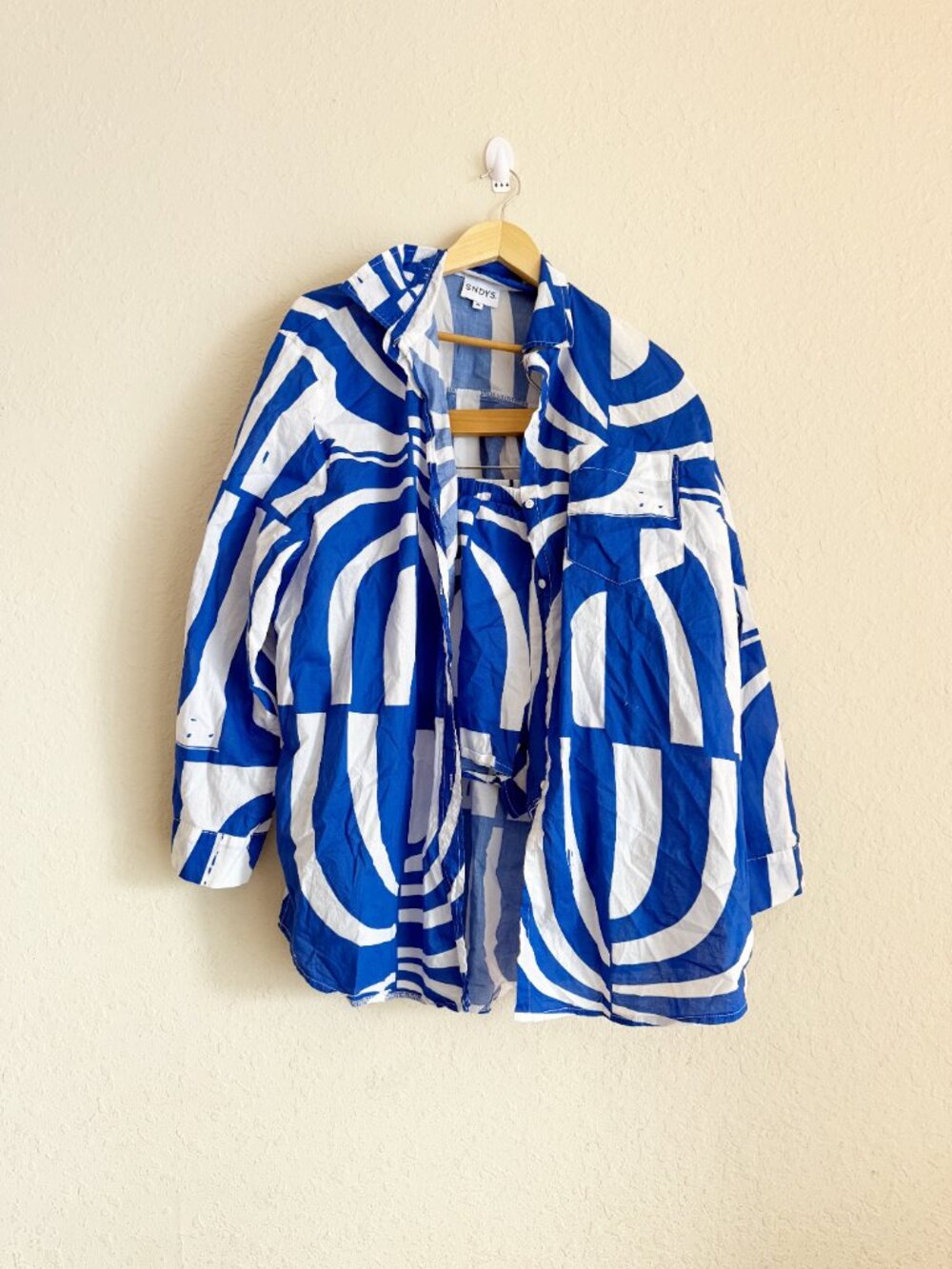 SNDYS Heather Cotton Blue Print Shirt Set Size Medium - Picture 2 of 7